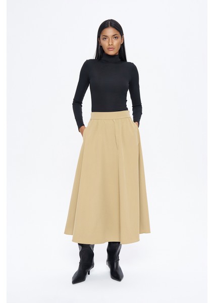 Beli Lastikli Midi Boy Basic Etek Bej modelleri