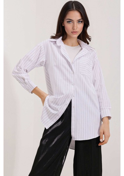 Kadın BDART Cep Detaylı, Büyük Beden, Çizgili Poplin Gömlek White