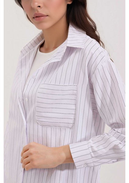 Kadın BDART Cep Detaylı, Büyük Beden, Çizgili Poplin Gömlek White modelleri