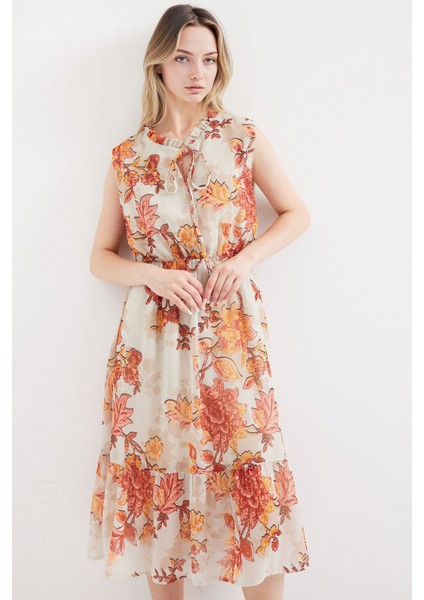 Kadın BDART Çiçek Desenli Midi Elbise ile Kemer Red