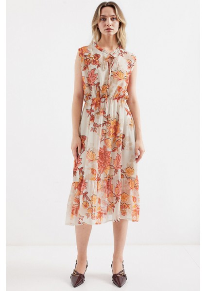 Kadın BDART Çiçek Desenli Midi Elbise ile Kemer Red fiyatları