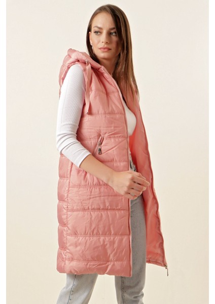Kadın BDART Kapşonlu Uzun Fermuarlı Yelek Pink modelleri