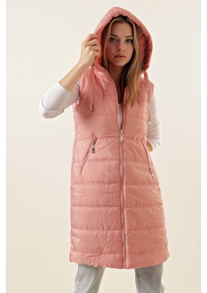 Kadın BDART Kapşonlu Uzun Fermuarlı Yelek Pink indirimleri