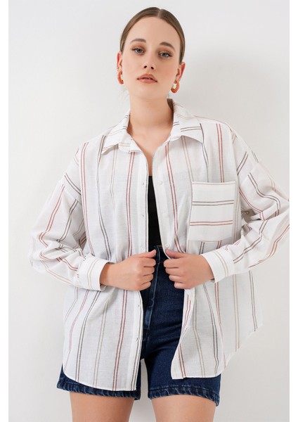 Kadın BDART Cep Detaylı Oversize Çizgili Pamuklu Gömlek White