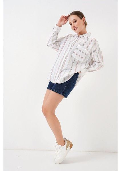Kadın BDART Cep Detaylı Oversize Çizgili Pamuklu Gömlek White fiyatları