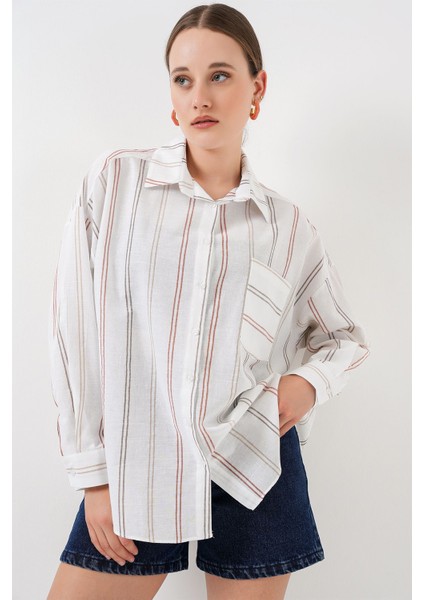Kadın BDART Cep Detaylı Oversize Çizgili Pamuklu Gömlek White modelleri