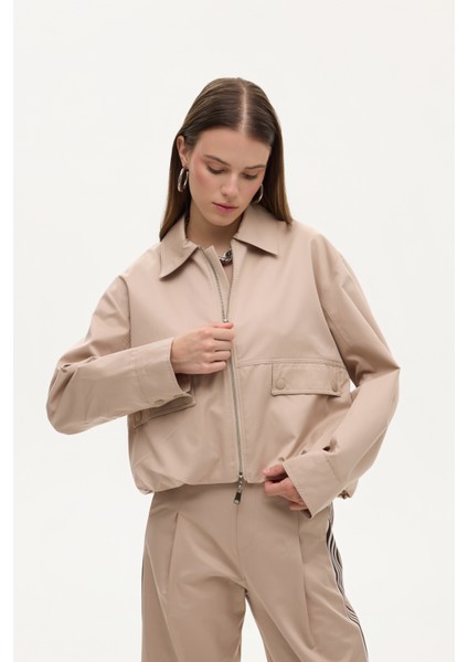 Sırtı Şeritli Gömlek Yaka Oversize Bomber Ceket Bej modelleri