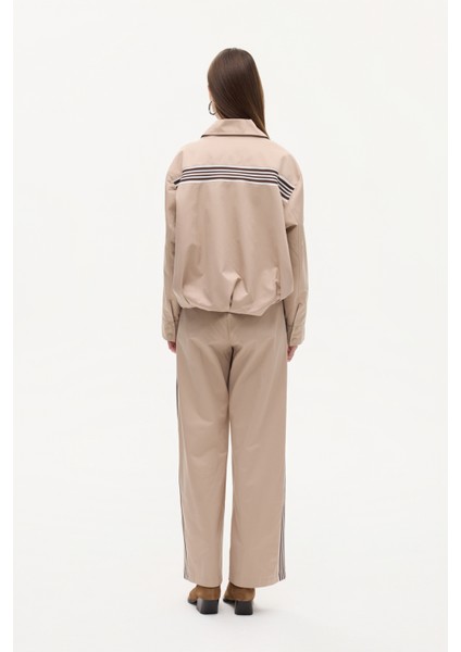 Sırtı Şeritli Gömlek Yaka Oversize Bomber Ceket Bej indirimleri