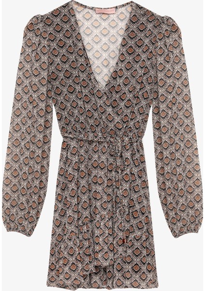 Retro Geometrik Desenli Kruvaze Yaka Mini Elbise Kahverengi fiyatları