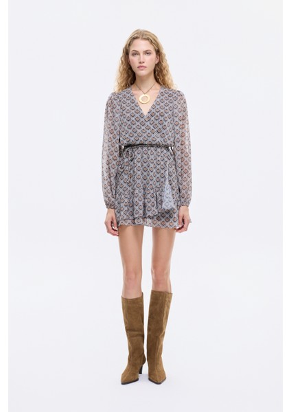 Retro Geometrik Desenli Kruvaze Yaka Mini Elbise Kahverengi modelleri