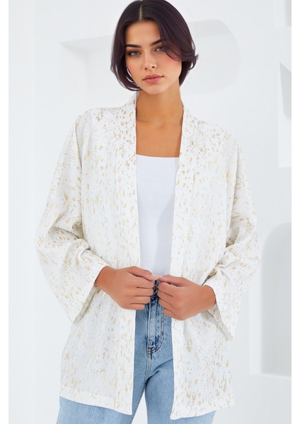 Kadın BDART Desenli Pompom Detaylı Şal Yaka Kimono Natural modelleri