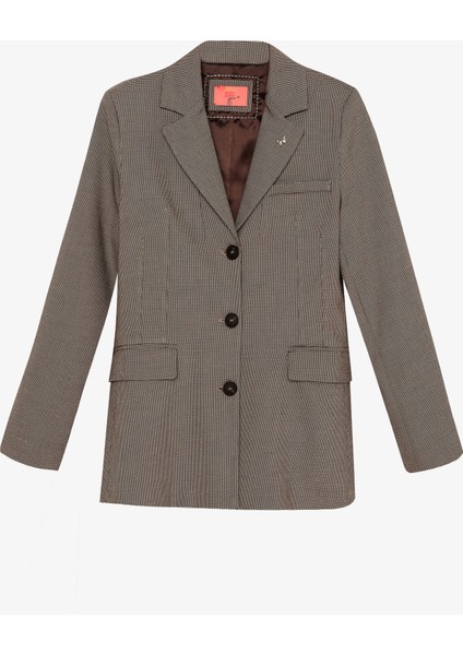 Broş Aksesuarlı Ekose Blazer Ceket Kahverengi fiyatları