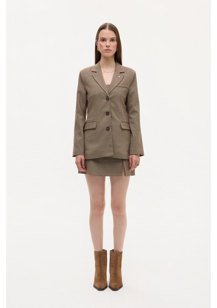 Broş Aksesuarlı Ekose Blazer Ceket Kahverengi modelleri