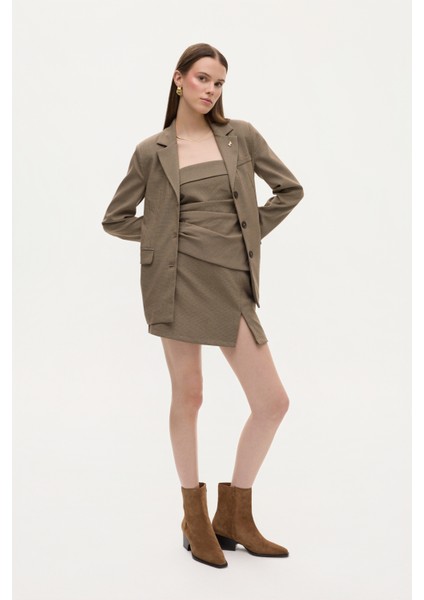 Broş Aksesuarlı Ekose Blazer Ceket Kahverengi fırsatları