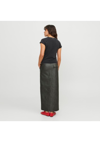Kadin Deri Görünümlü Maxi Boy Yirtmaçli Etek - Maddy
