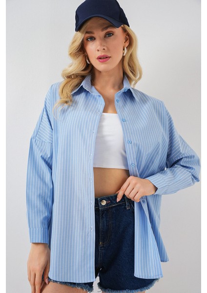 Kadın BDART Astarlı Oversize Çizgili Poplin Gömlek Blue