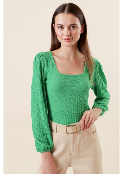 Kadın BDART Dokulu Kare Yaka Uzun Kollu Bluz Green