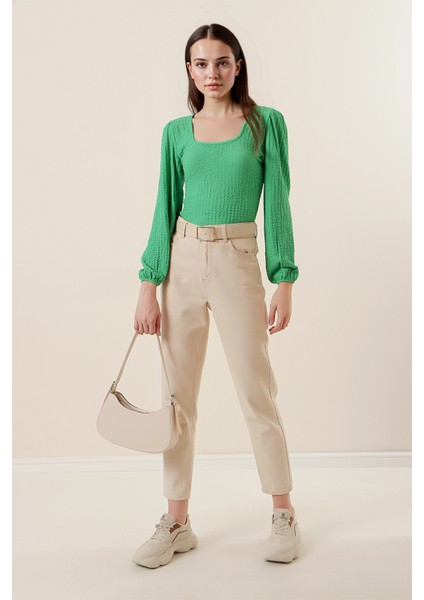 Kadın BDART Dokulu Kare Yaka Uzun Kollu Bluz Green fiyatları