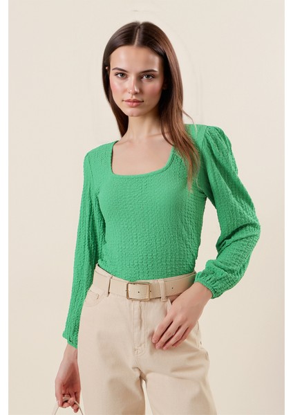 Kadın BDART Dokulu Kare Yaka Uzun Kollu Bluz Green modelleri