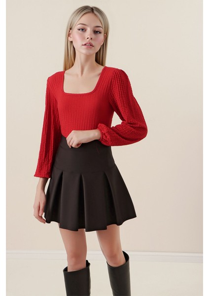 Kadın BDART Dokulu Kare Yaka Uzun Kollu Bluz Red fiyatları