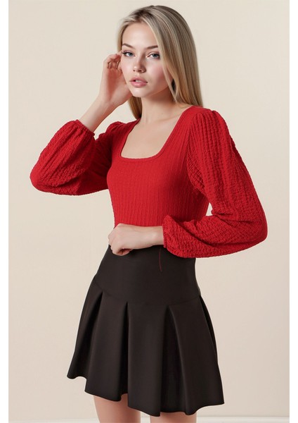 Kadın BDART Dokulu Kare Yaka Uzun Kollu Bluz Red modelleri