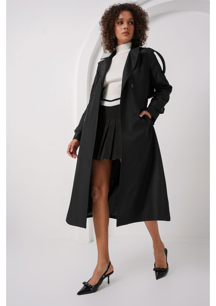 Kadın BDART Kruvaze Yaka Uzun Trençkot Siyah modelleri