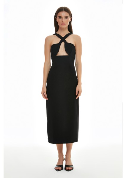 Sırtı Çapraz Askılı Midi Elbise Siyah modelleri