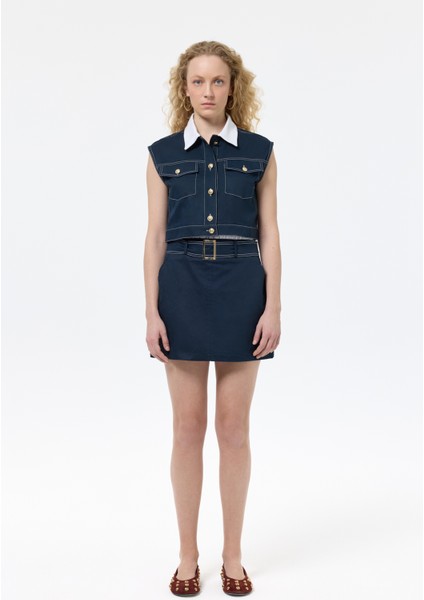 Yaka Detaylı Düğmeli Crop Gömlek Lacivert modelleri