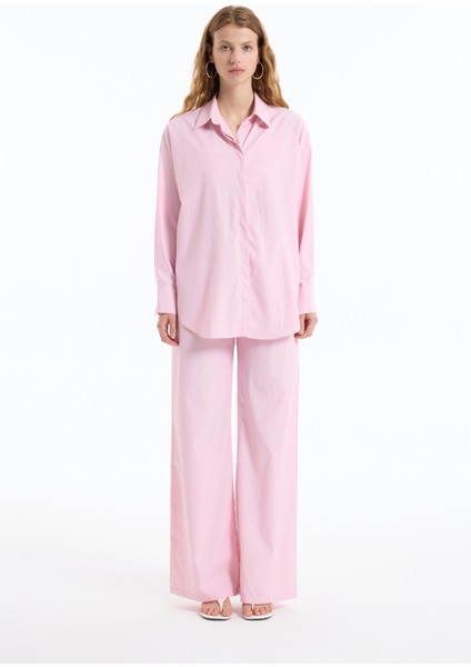 Ince Çizgili Oversize Gömlek Pembe modelleri