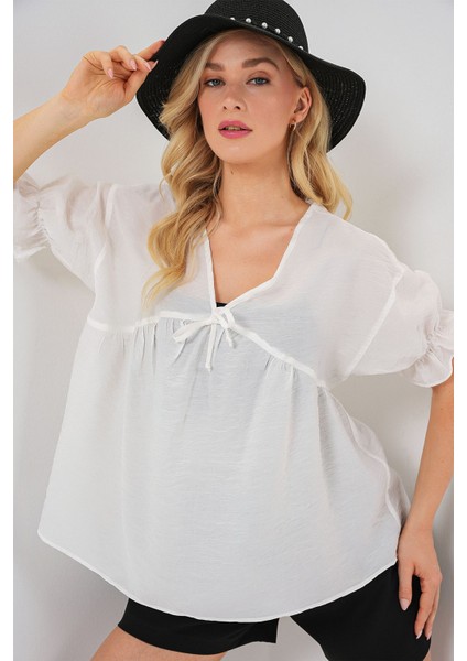 Kadın BDART Kemerli V Yaka Düğmeli Bluz Beyaz