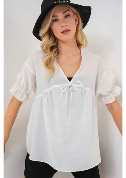 Kadın BDART Kemerli V Yaka Düğmeli Bluz Beyaz modelleri