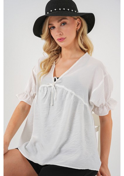Kadın BDART Kemerli V Yaka Düğmeli Bluz Beyaz fırsatları
