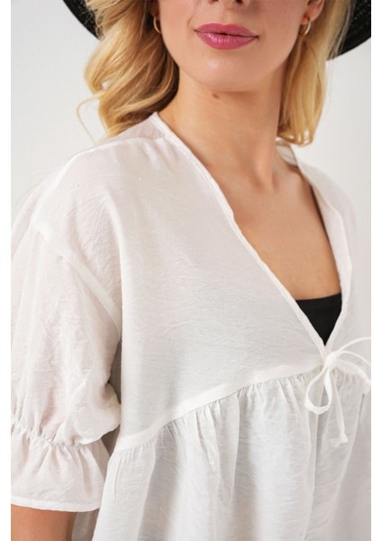 Kadın BDART Kemerli V Yaka Düğmeli Bluz Beyaz indirimleri