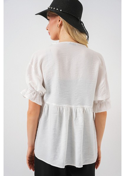 Kadın BDART Kemerli V Yaka Düğmeli Bluz Beyaz