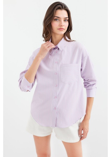Kadın BDART Cep Detaylı Geniş Kesim Çizgili Poplin Gömlek Karanfil Pembesi fiyatları