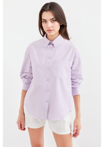 Kadın BDART Cep Detaylı Geniş Kesim Çizgili Poplin Gömlek Karanfil Pembesi modelleri