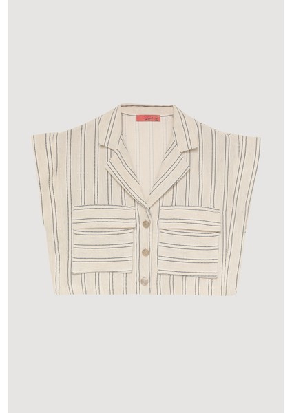 Büyük Cepli Çizgili Kolsuz Keten Gömlek Naturel fiyatları