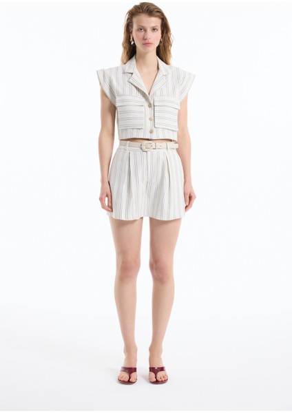 Büyük Cepli Çizgili Kolsuz Keten Gömlek Naturel modelleri