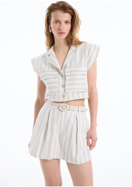 Büyük Cepli Çizgili Kolsuz Keten Gömlek Naturel fırsatları