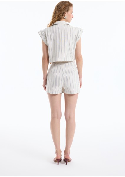 Büyük Cepli Çizgili Kolsuz Keten Gömlek Naturel indirimleri