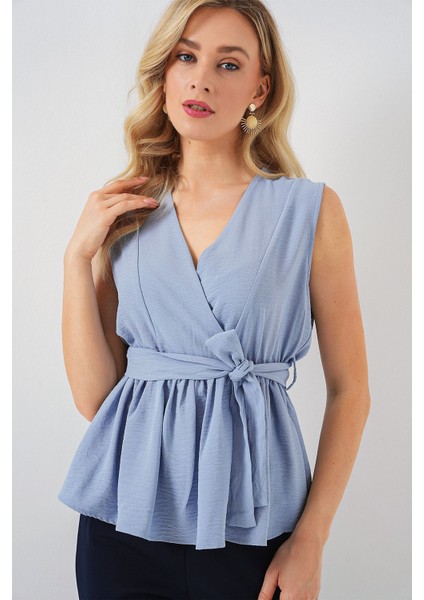 Kadın BDART V Yaka Bağlama Yaylı Bluz Maya Mavisi