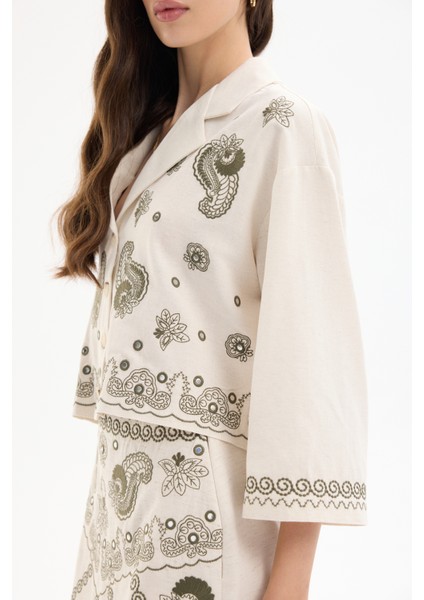 Nakış Desenli Düğmeli V Yaka Keten Gömlek Naturel fırsatları