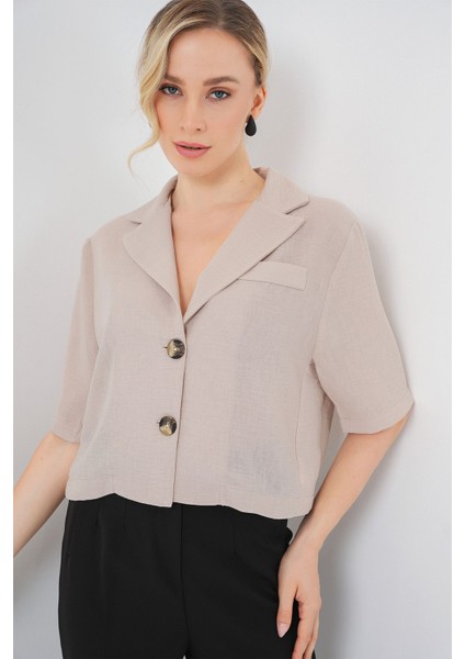 Kadın BDART Dokulu Kısa Ceket, Gömlek Yaka ile Natural fırsatları