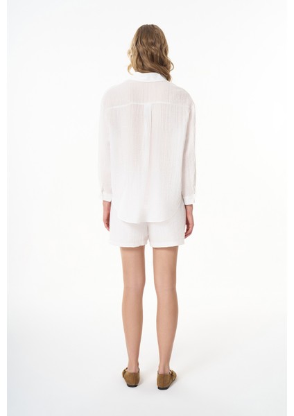Dokulu Cepli Oversize Basic Gömlek Ekru indirimleri