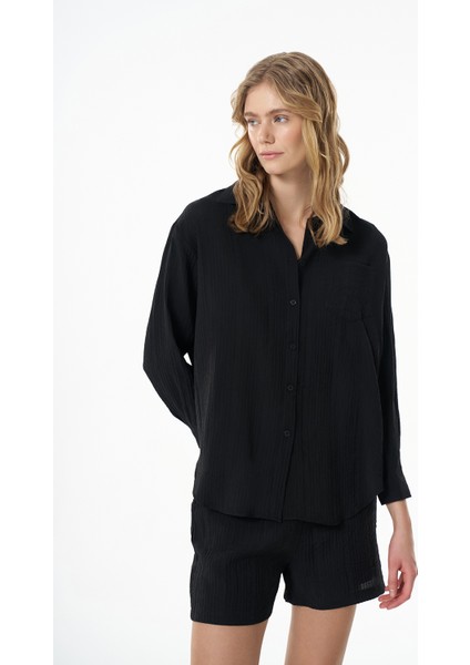 Dokulu Cepli Oversize Basic Gömlek Siyah fırsatları