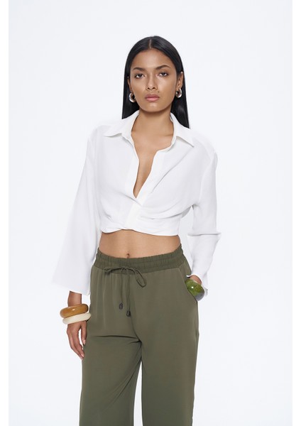 Beli Lastikli Crop Gömlek Beyaz modelleri