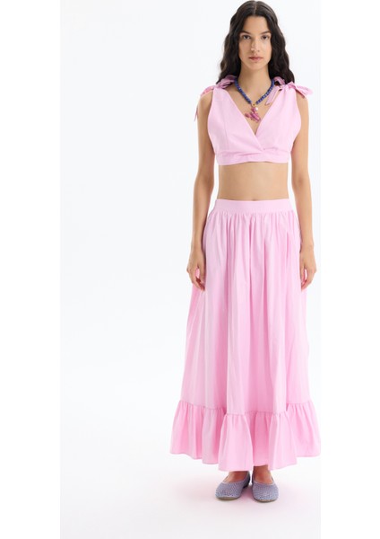Pile Detaylı Yırtmaçlı Midi Boy Etek Pembe fırsatları