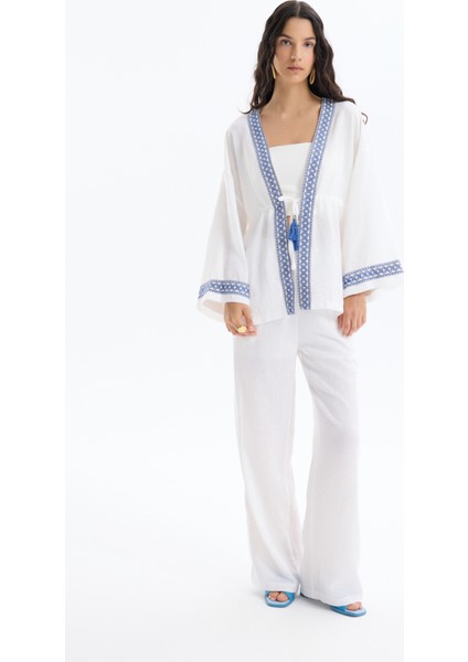 Şerit Nakış Detaylı Beli Bağlamalı Kimono Ekru modelleri