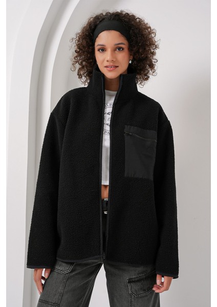 Kadın BDART Cep Detaylı Oversize Peluş Ceket Siyah
