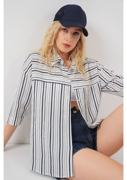 Kadın BDART Üç Çeyrek Kollu Şeritli Poplin Gömlek Lacivert